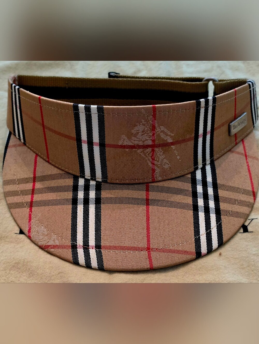 Burberry Beige Plaid Visor with Black, White & Red Accents